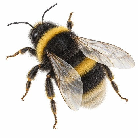 Illustration of a black-and-yellow bumblebee with translucent wings.