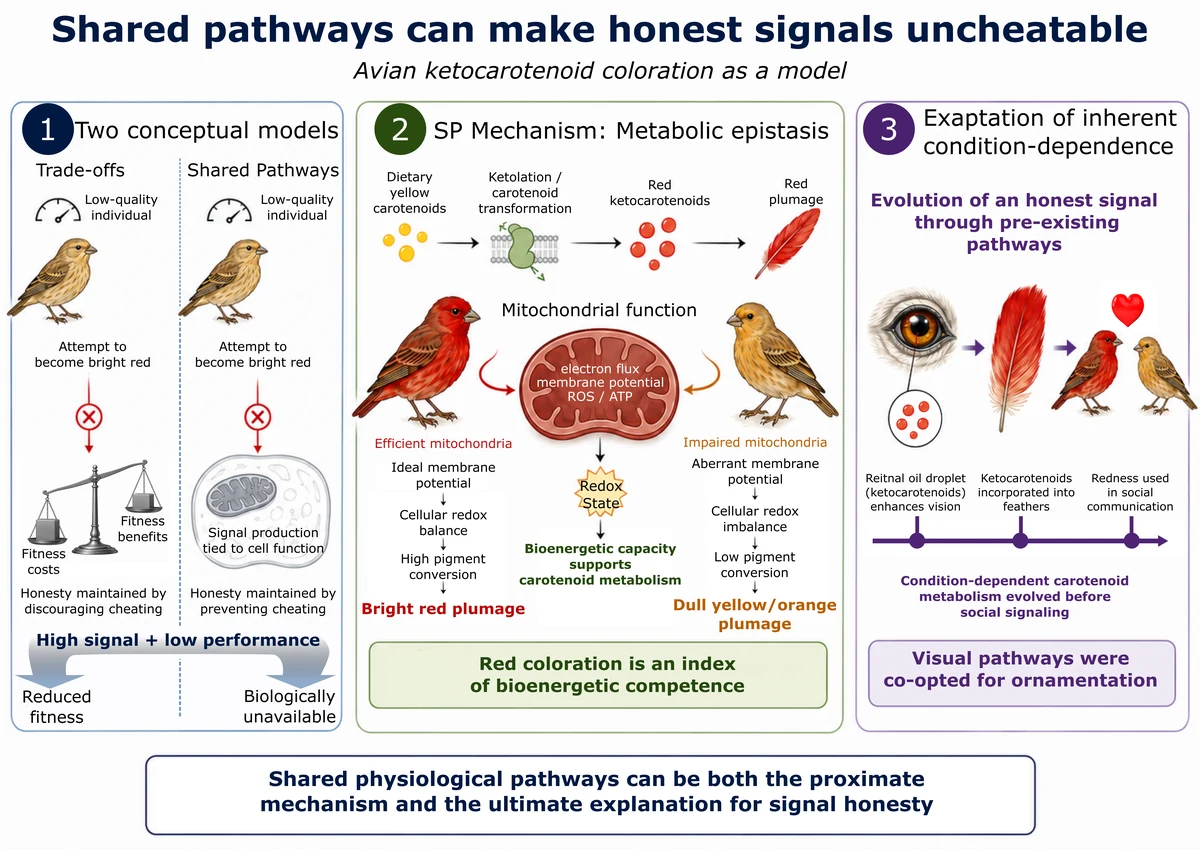 Graphical abstract linking avian carotenoid coloration, mitochondrial function, and honest signaling through shared physiological pathways.